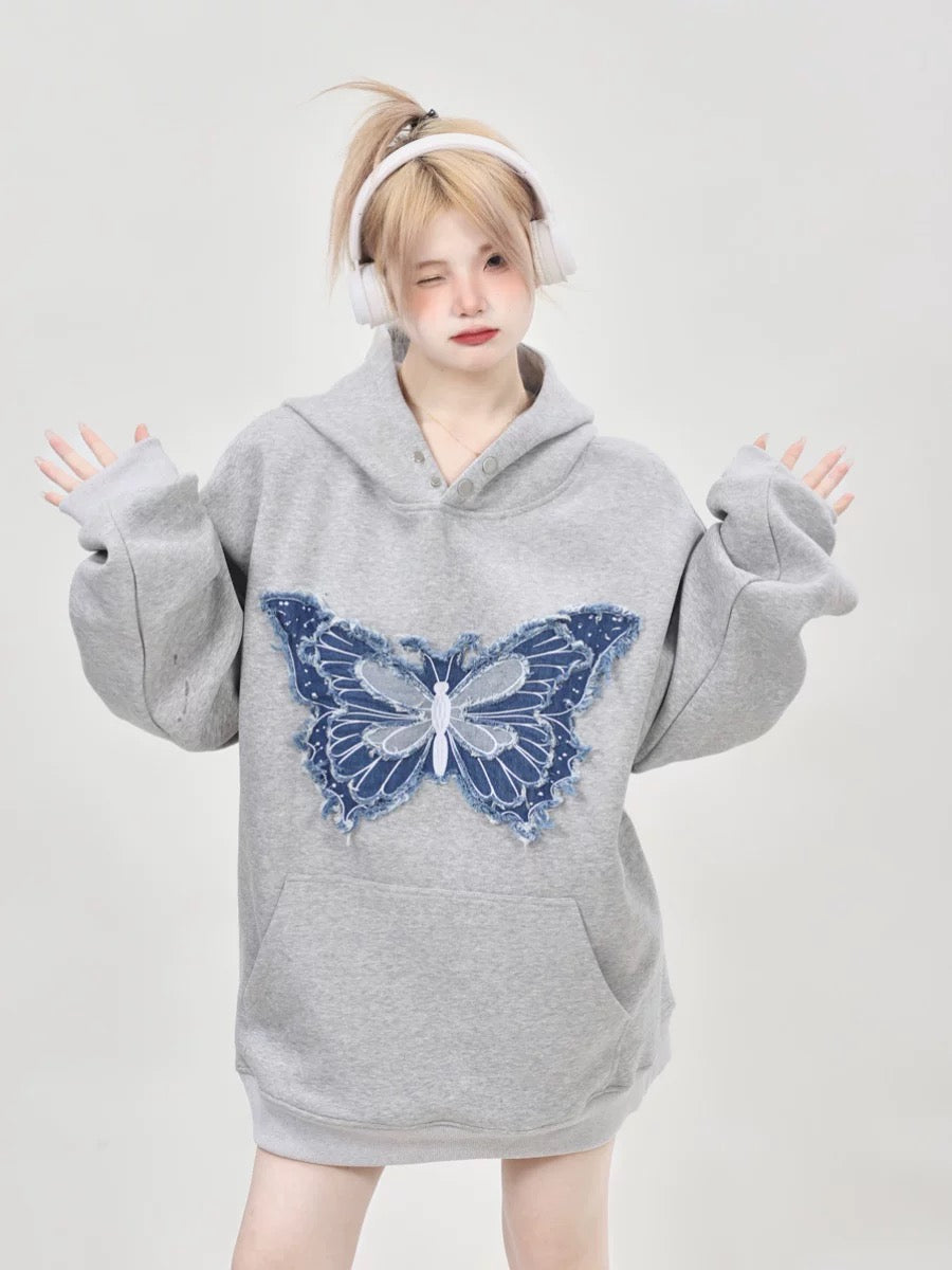American heavy niche design embroidered butterfly gray hooded sweatshirt for women 2024 new hot style loose top