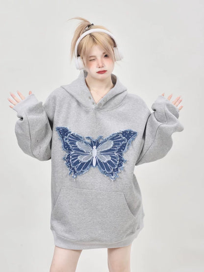 American heavy niche design embroidered butterfly gray hooded sweatshirt for women 2024 new hot style loose top
