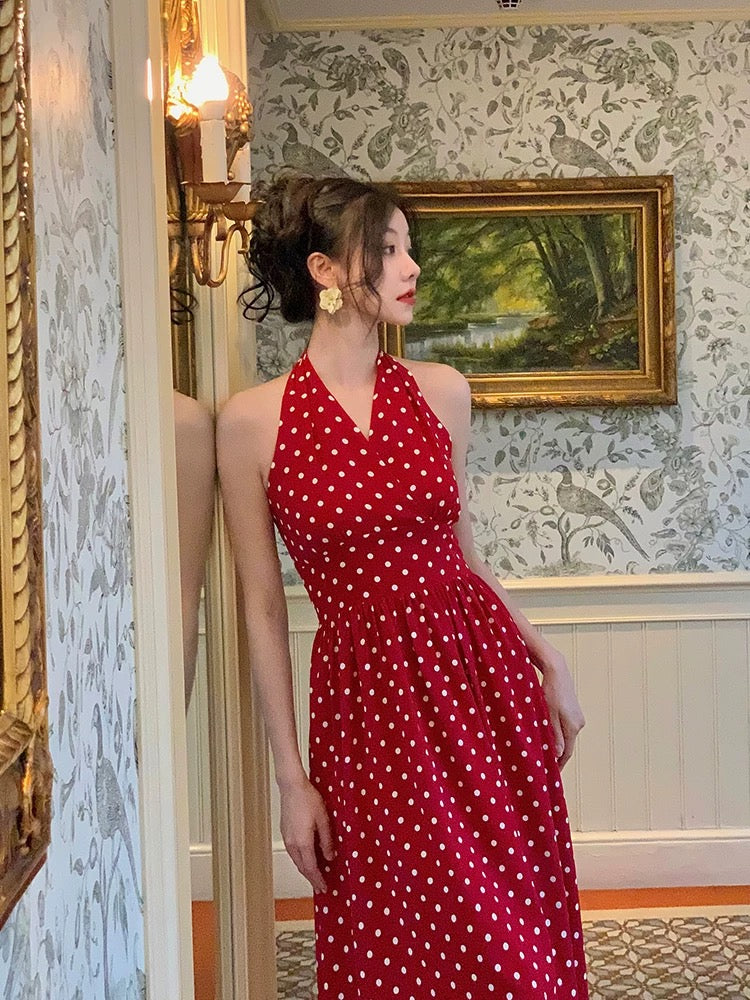 [Mi Li Recommends] Haze Hong Kong Style Retro Halter Neck Temperament Polka Dot Dress