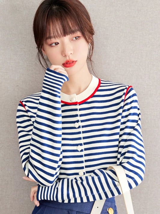 Retro blue striped knitted cardigan women's 2025 autumn and winter new sweater bottoming shirt long-sleeved top fashion coat