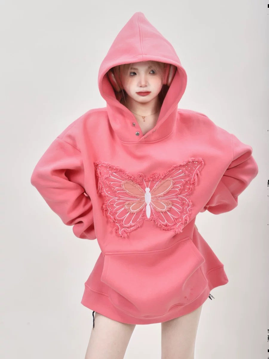 American heavy niche design embroidered butterfly gray hooded sweatshirt for women 2024 new hot style loose top