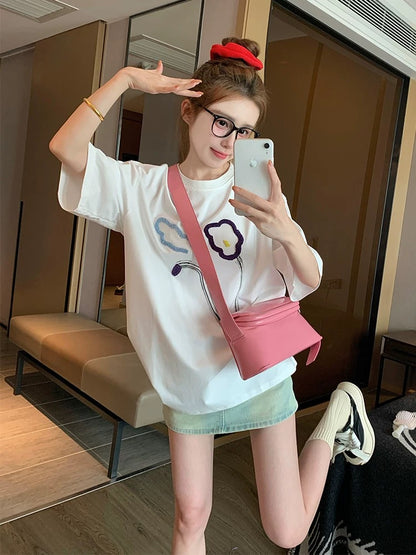White pure cotton short-sleeved T-shirt for women 2025 new summer European goods large version fashionable loose casual tall tops