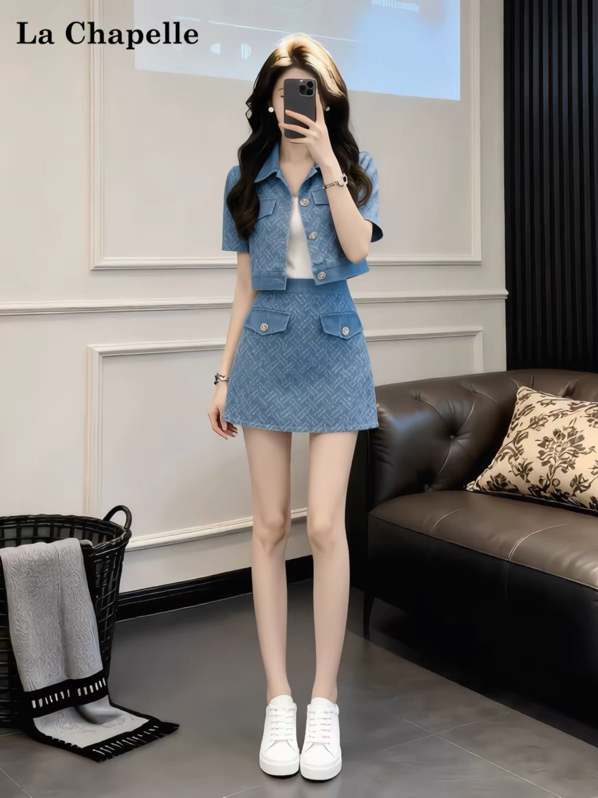 La Chapelle Trendy Soft-Fabric Denim Set for Women – Summer Short-Sleeve Cardigan & Mini Skirt – Stylish, Casual, Sporty Outfit