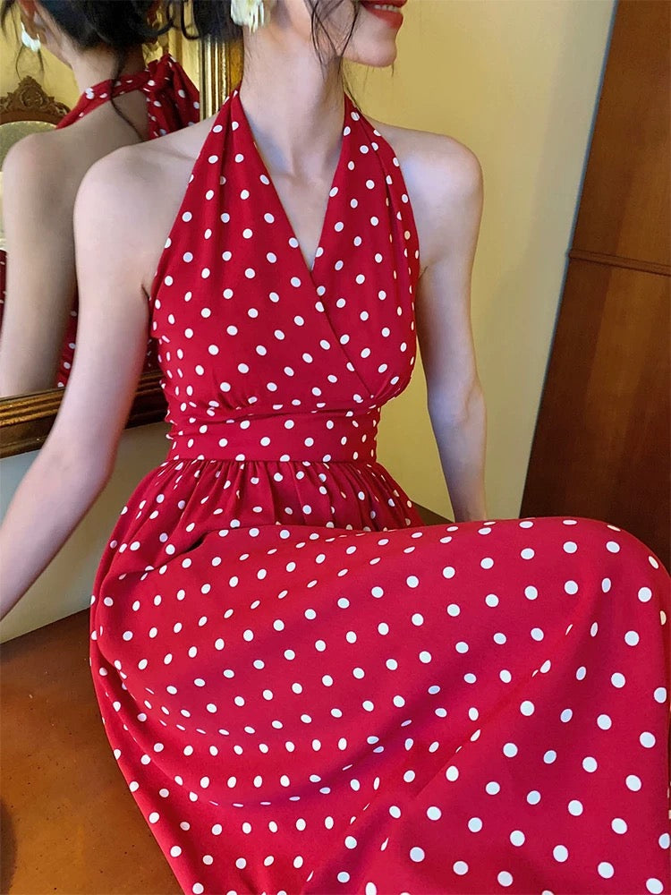 [Mi Li Recommends] Haze Hong Kong Style Retro Halter Neck Temperament Polka Dot Dress
