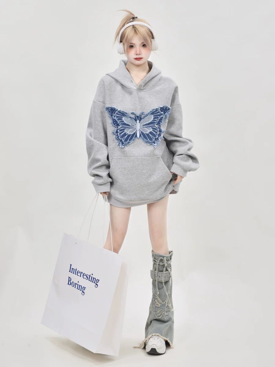 American heavy niche design embroidered butterfly gray hooded sweatshirt for women 2024 new hot style loose top