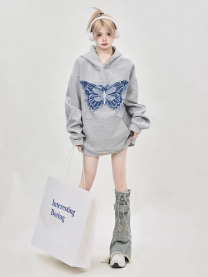 American heavy niche design embroidered butterfly gray hooded sweatshirt for women 2024 new hot style loose top