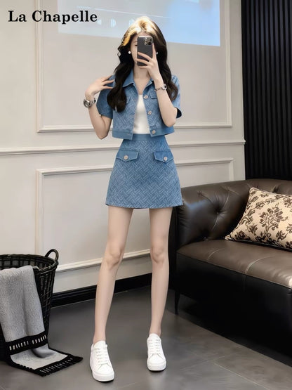 La Chapelle Trendy Soft-Fabric Denim Set for Women – Summer Short-Sleeve Cardigan & Mini Skirt – Stylish, Casual, Sporty Outfit