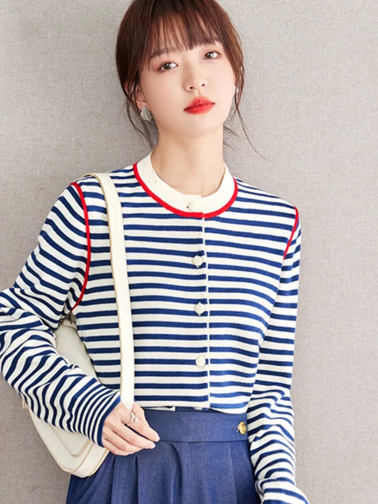 Retro blue striped knitted cardigan women's 2025 autumn and winter new sweater bottoming shirt long-sleeved top fashion coat