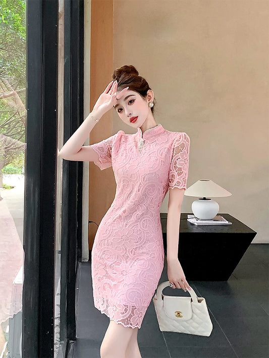 Summer women's clothing 2024 new pink skirt niche design temperament new Chinese style improved cheongsam dress