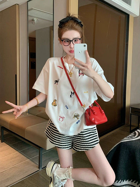 White heavy embroidery cartoon short-sleeved T-shirt female 2025 new spring and summer loose bow shoulder top ins