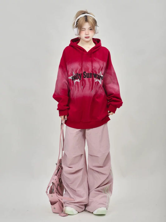 American retro oversize embroidered tie-dye gradient blue sweatshirt women's hooded 2024 new lazy style top