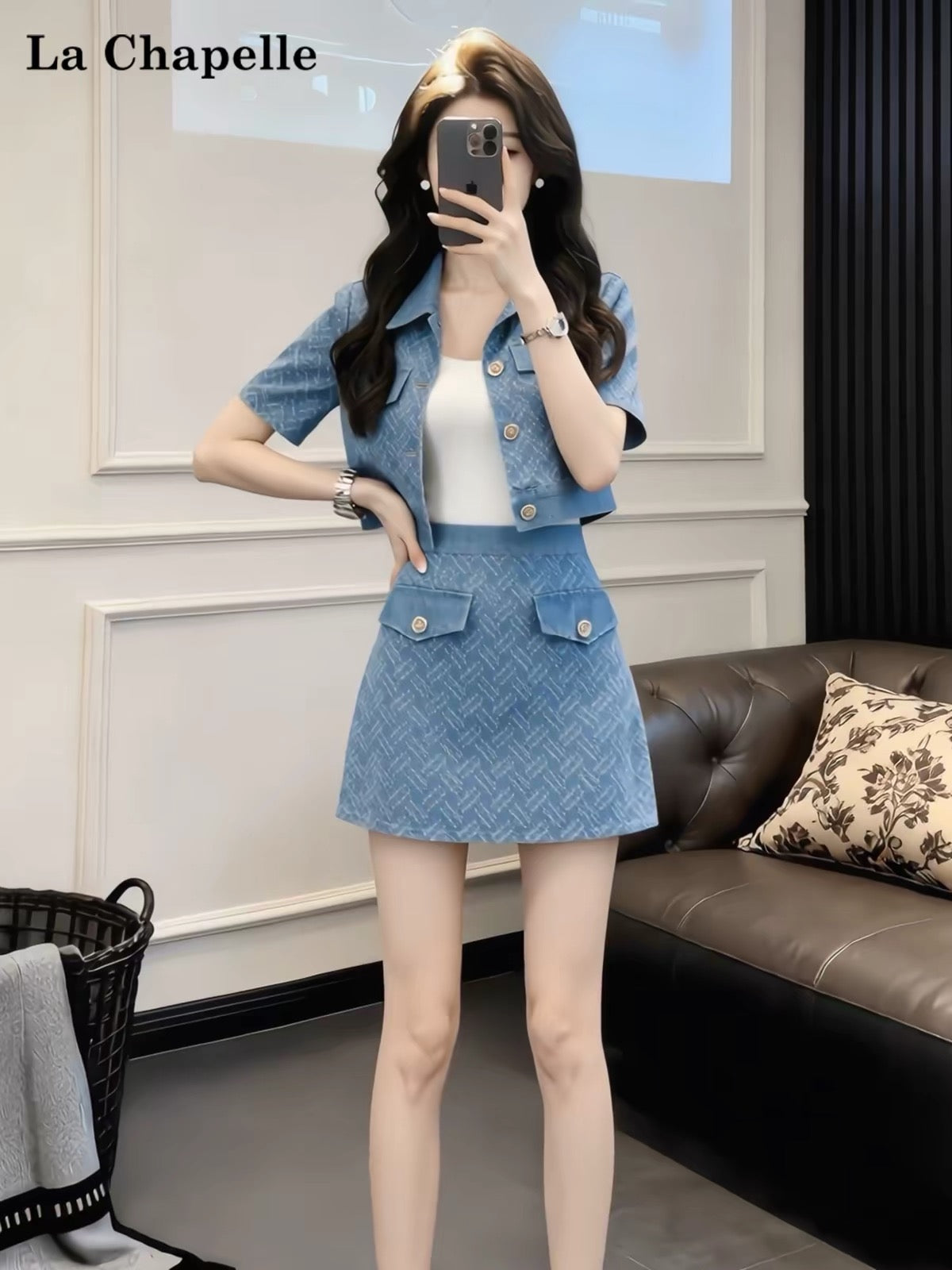 La Chapelle Trendy Soft-Fabric Denim Set for Women – Summer Short-Sleeve Cardigan & Mini Skirt – Stylish, Casual, Sporty Outfit