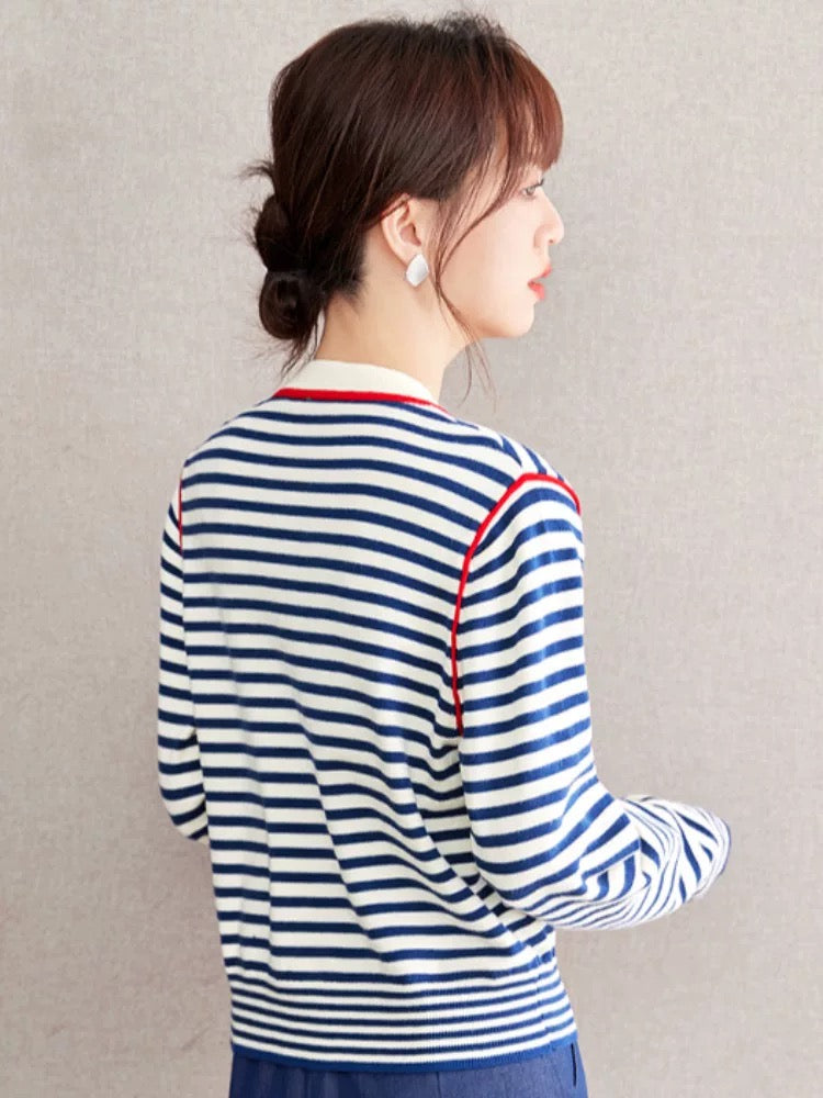 Retro blue striped knitted cardigan women's 2025 autumn and winter new sweater bottoming shirt long-sleeved top fashion coat