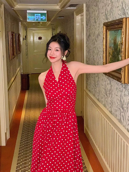 [Mi Li Recommends] Haze Hong Kong Style Retro Halter Neck Temperament Polka Dot Dress