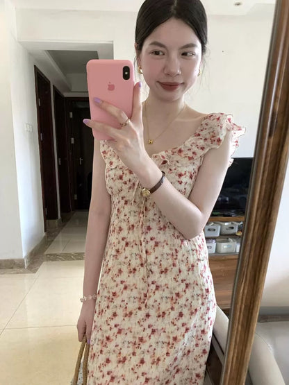 French-style floral print dress, sophisticated and slimming, new summer style, Korean-style gentle red vest long dress.