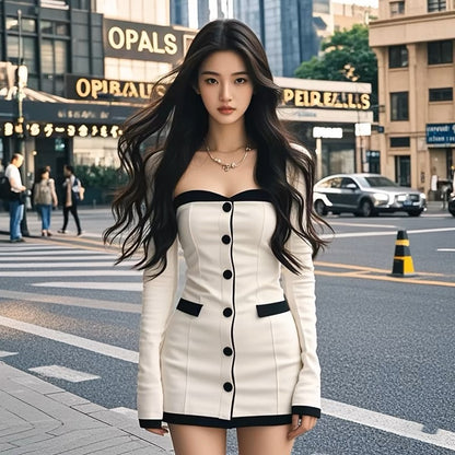 Coco KEKE Contrast Color Single Breasted Hot Girl Temperament Sexy Dress 2024 Autumn New Style