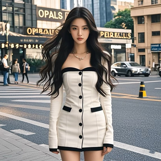 Coco KEKE Contrast Color Single Breasted Hot Girl Temperament Sexy Dress 2024 Autumn New Style
