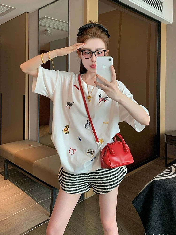 White heavy embroidery cartoon short-sleeved T-shirt female 2025 new spring and summer loose bow shoulder top ins