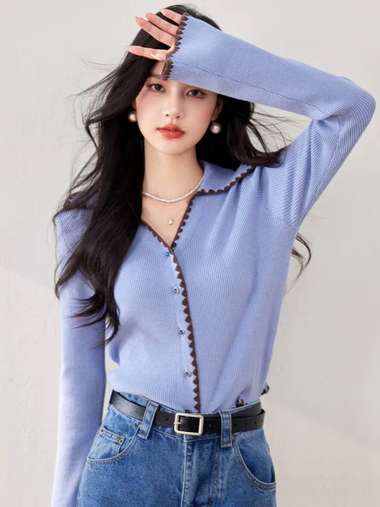 Early autumn 2025 new style small fragrance style high-end wear dopamine purple sweater cardigan knitted jacket tops women