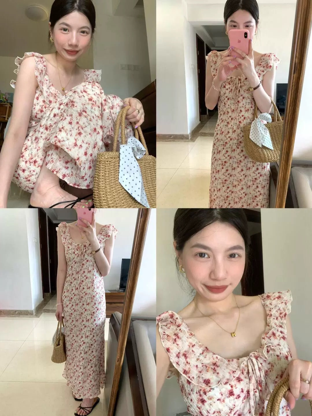 French-style floral print dress, sophisticated and slimming, new summer style, Korean-style gentle red vest long dress.