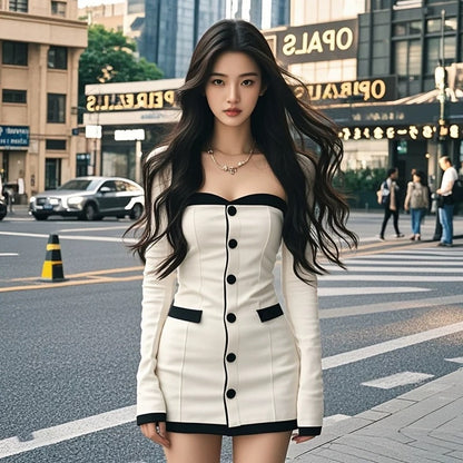 Coco KEKE Contrast Color Single Breasted Hot Girl Temperament Sexy Dress 2024 Autumn New Style