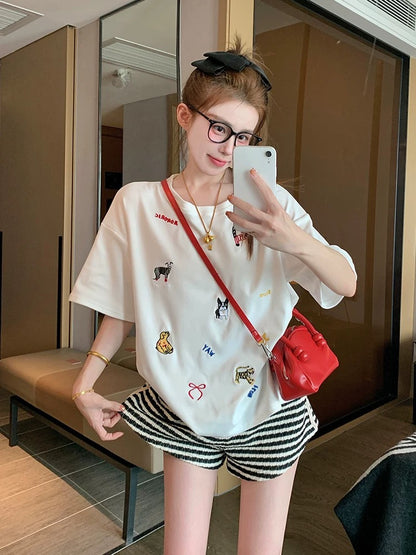 White heavy embroidery cartoon short-sleeved T-shirt female 2025 new spring and summer loose bow shoulder top ins