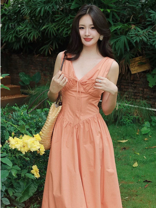 Haze Hezhi solid color sleeveless v-neck strappy high waist dress female summer temperament waist slimming A-line long skirt