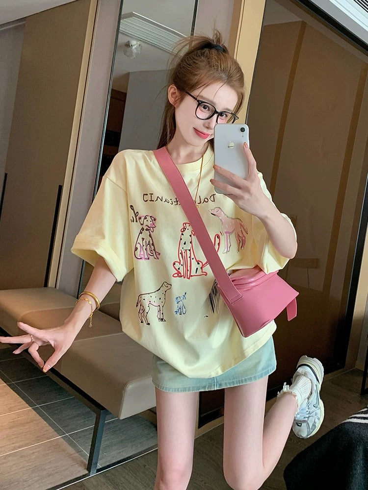 Cream yellow fun puppy pure cotton short-sleeved T-shirt female 2025 new spring and summer American retro loose shoulder top