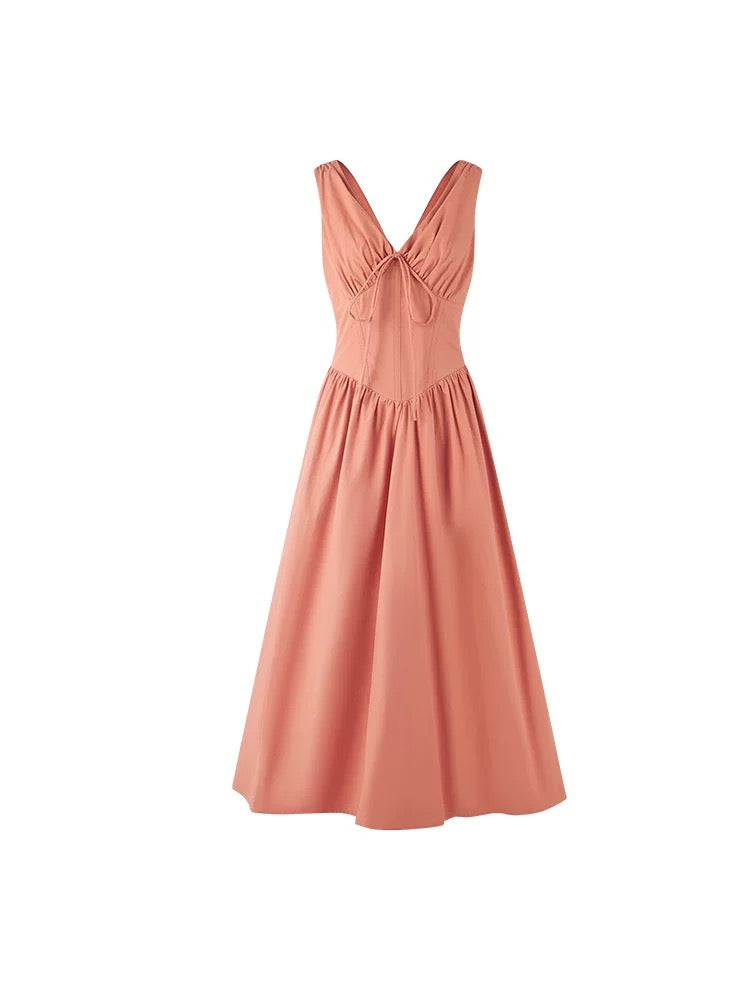 Haze Hezhi solid color sleeveless v-neck strappy high waist dress female summer temperament waist slimming A-line long skirt