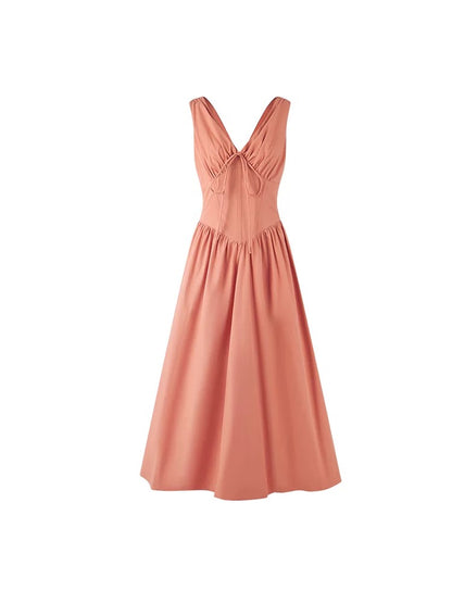 Haze Hezhi solid color sleeveless v-neck strappy high waist dress female summer temperament waist slimming A-line long skirt