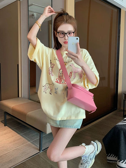 Cream yellow fun puppy pure cotton short-sleeved T-shirt female 2025 new spring and summer American retro loose shoulder top