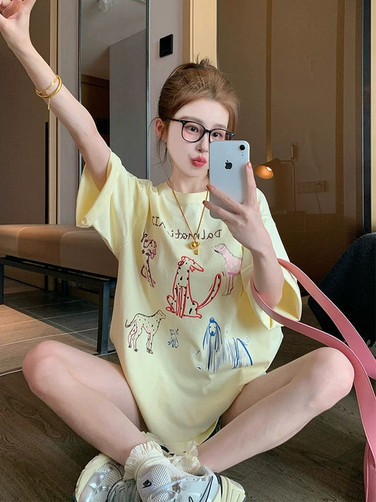 Cream yellow fun puppy pure cotton short-sleeved T-shirt female 2025 new spring and summer American retro loose shoulder top