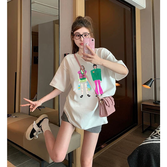 White short-sleeved T-shirt for women 2025 new summer American trendy European goods large version of the trendy age-reducing straight shoulder top ins