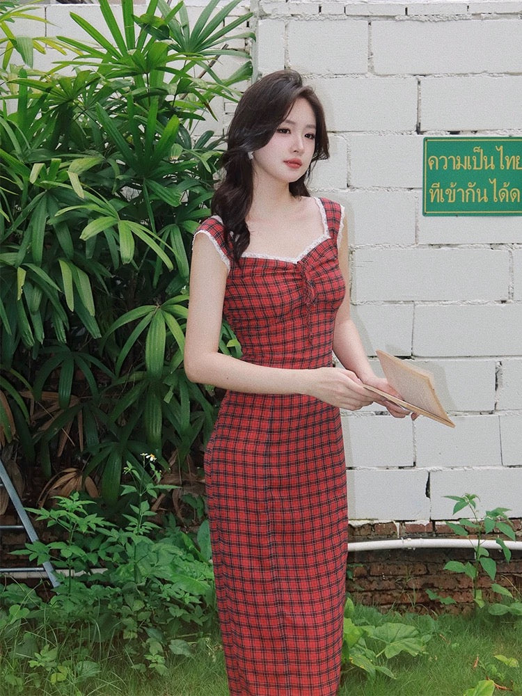 Haze small square lace chest edge vintage dress