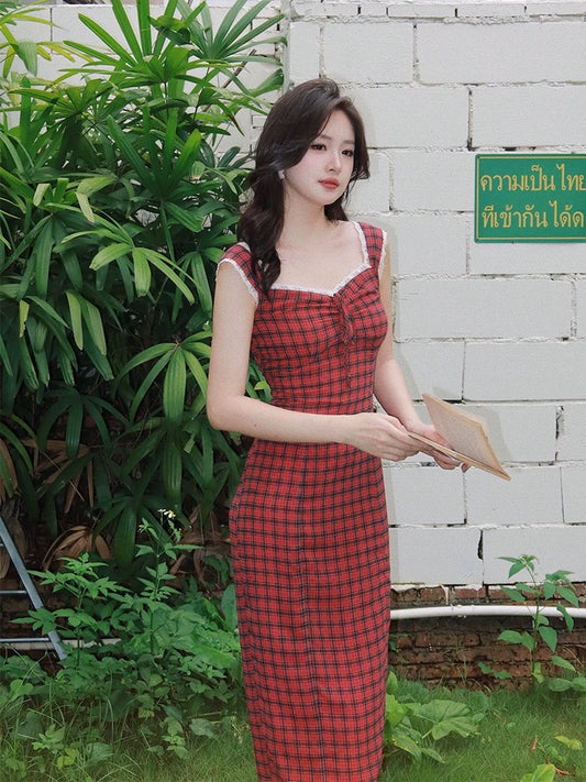 Haze small square lace chest edge vintage dress