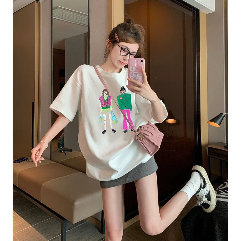 White short-sleeved T-shirt for women 2025 new summer American trendy European goods large version of the trendy age-reducing straight shoulder top ins