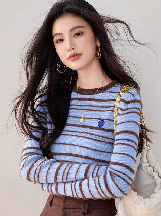 High-end smiley face embroidery contrast color striped wool long-sleeved knitted sweater slim fit short bottoming top for women autumn