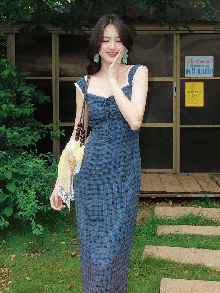 Haze small square lace chest edge vintage dress