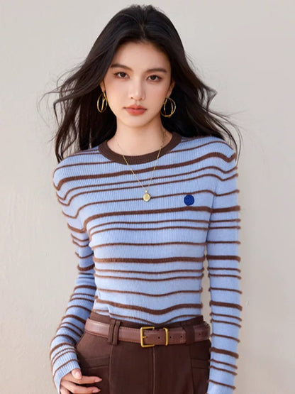 High-end smiley face embroidery contrast color striped wool long-sleeved knitted sweater slim fit short bottoming top for women autumn