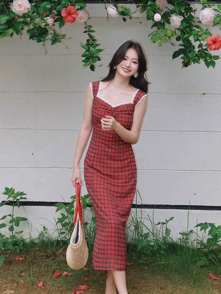 Haze small square lace chest edge vintage dress
