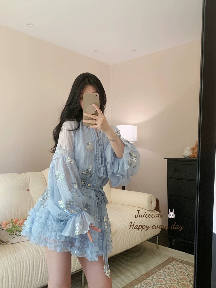 juicecola unique and beautiful high-grade sequined blue dress with sweet and slim princess style