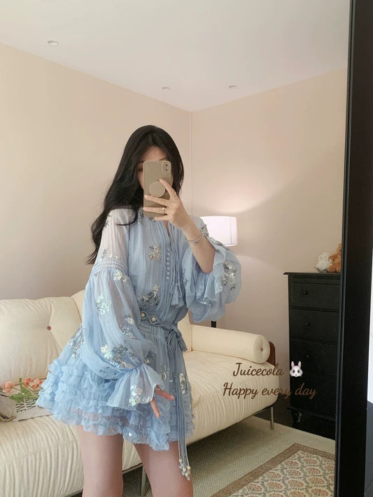 juicecola unique and beautiful high-grade sequined blue dress with sweet and slim princess style