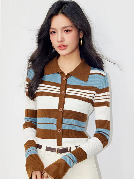 French retro polo collar striped knitted cardigan autumn women's tops slim fit soft and comfortable outer sweater
