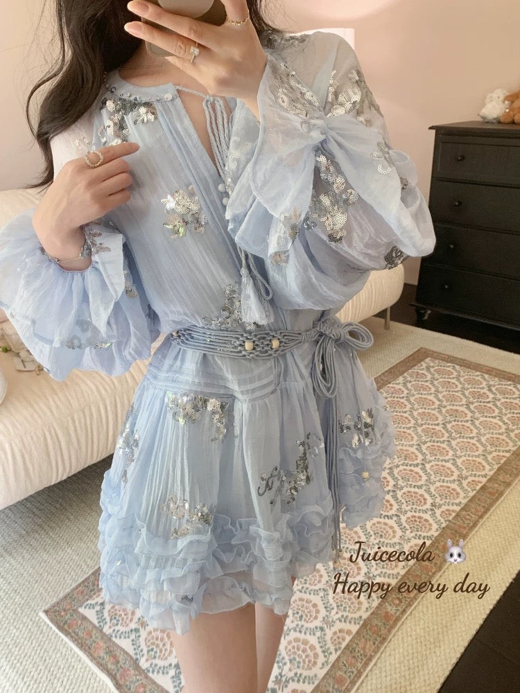 juicecola unique and beautiful high-grade sequined blue dress with sweet and slim princess style