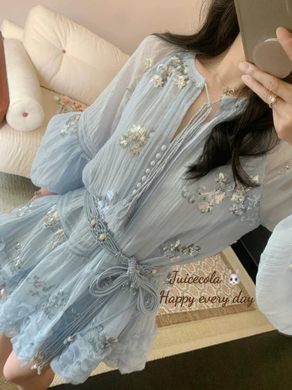 juicecola unique and beautiful high-grade sequined blue dress with sweet and slim princess style