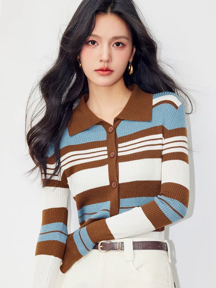 French retro polo collar striped knitted cardigan autumn women's tops slim fit soft and comfortable outer sweater
