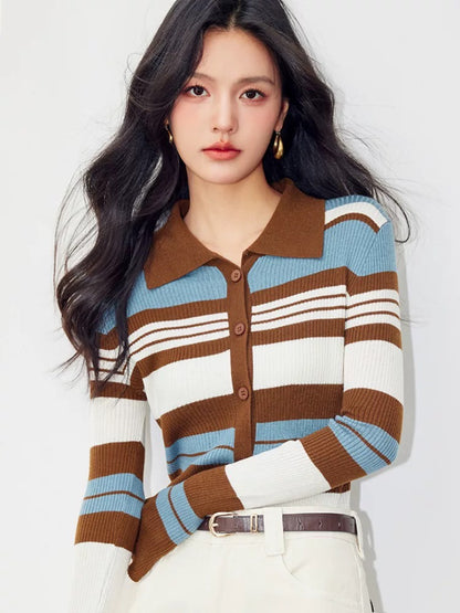 French retro polo collar striped knitted cardigan autumn women's tops slim fit soft and comfortable outer sweater