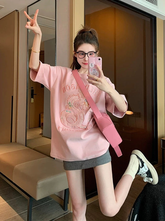 Pink heavy embroidery dragon year short-sleeved T-shirt for women summer design niche retro loose casual half-sleeved top