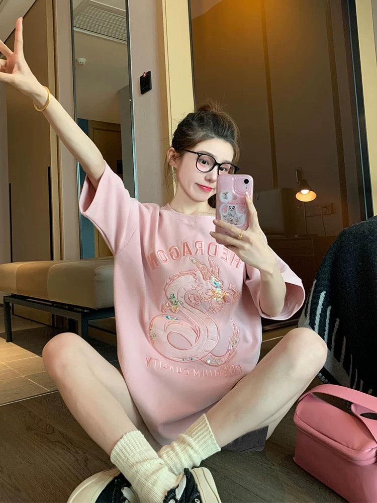 Pink heavy embroidery dragon year short-sleeved T-shirt for women summer design niche retro loose casual half-sleeved top