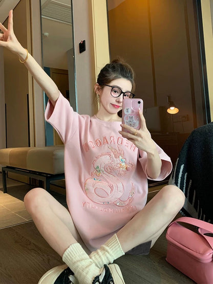 Pink heavy embroidery dragon year short-sleeved T-shirt for women summer design niche retro loose casual half-sleeved top